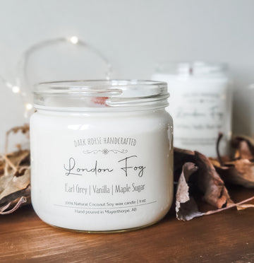 London Fog scented coconut soy candle with wood wick. Scent notes are Earl Grey, Vanilla & Maple Sugar